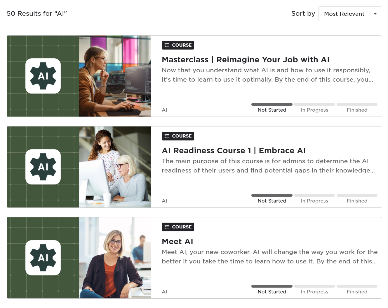 Station52 Classroom catalog search showing 50 results for "AI", including Masterclass: Reimagine your job with AI, AI Readiness Course 1: Embrace AI, and Meet AI