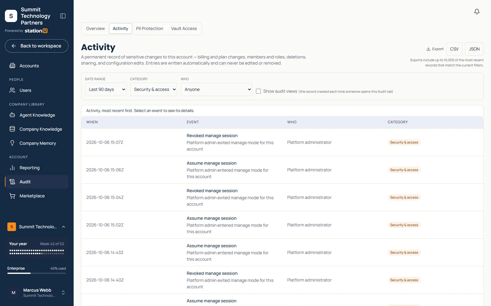 Audit activity log filtered to security and access events over the last 90 days, with who and when