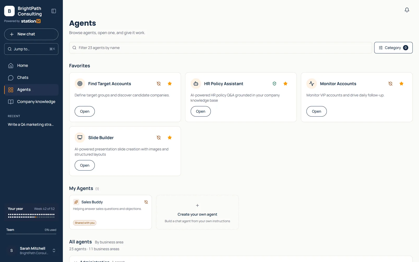 Station52 Agents page with four favorite agents, a shared custom agent, and every agent listed by business area