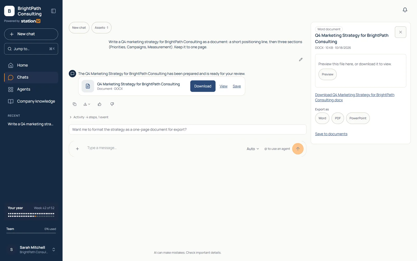 Chat Studio reply with a finished Word document, Q4 Marketing Strategy, open beside the chat with export options