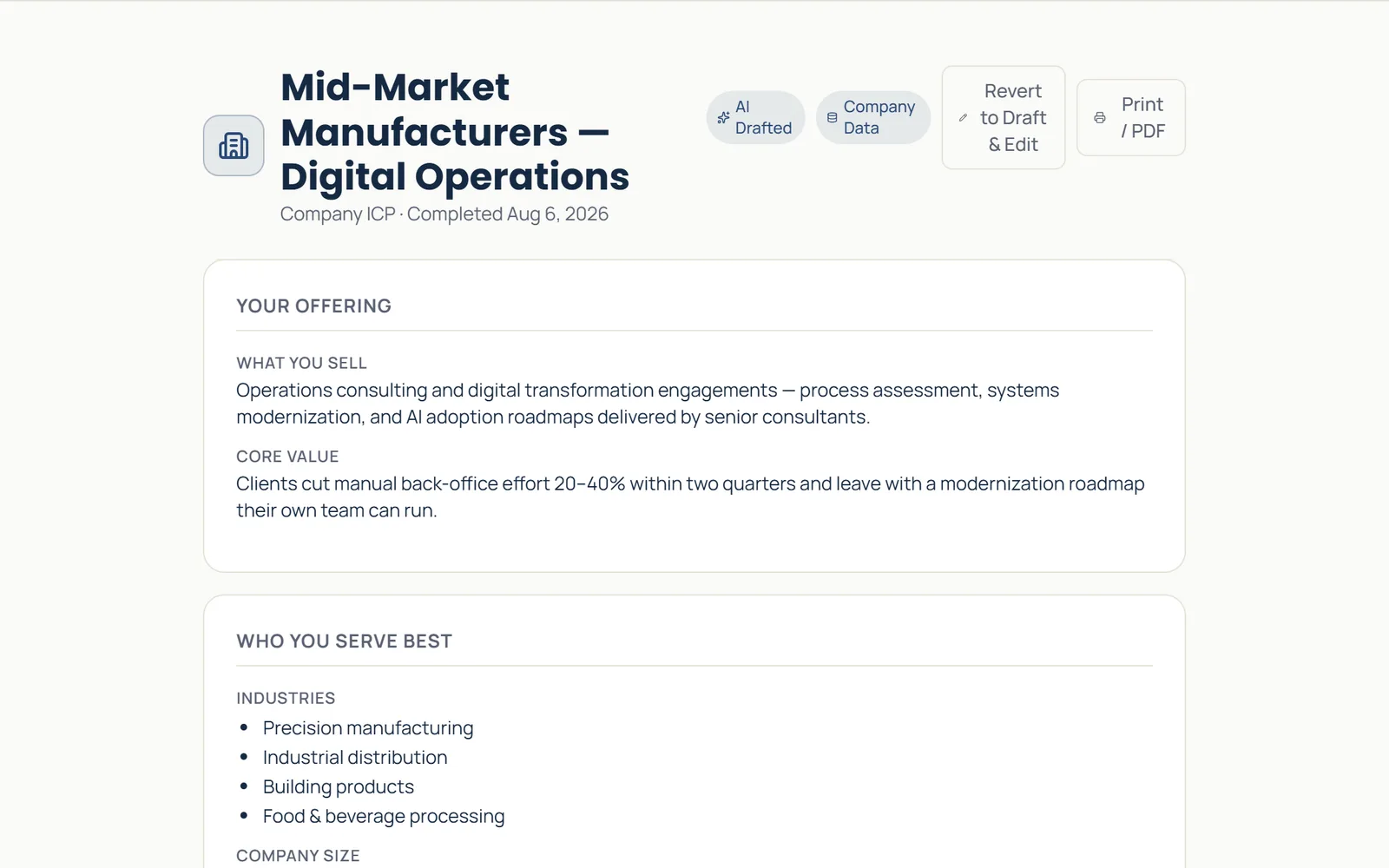ICP Builder brief for mid-market manufacturers, with your offering, core value, industries, and company size