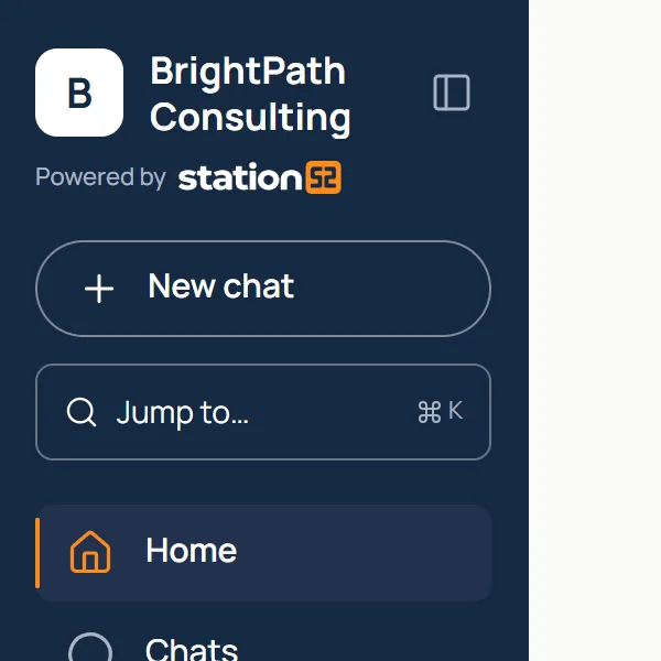 Workspace sidebar header: BrightPath Consulting leads, with Powered by Station52 beneath