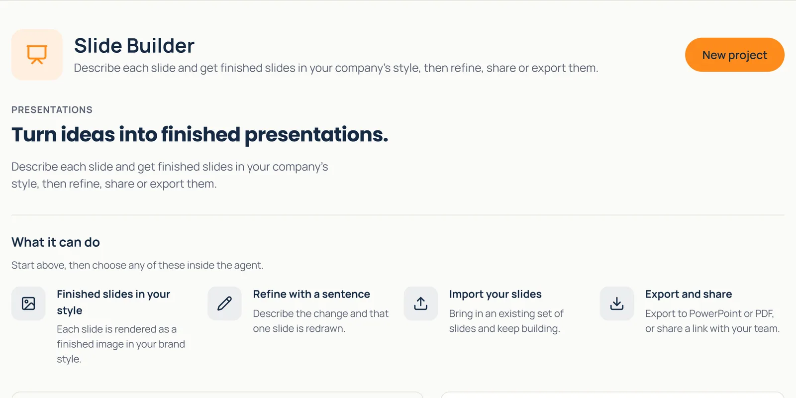 Slide Builder landing page: finished slides in your style, refine with a sentence, import slides, export and share